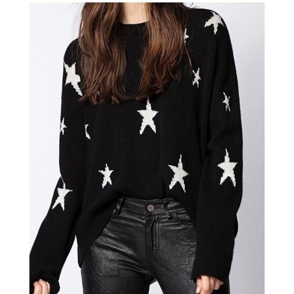 Zadig & Voltaire Sweater Womens Large Black Markus Star Print Cashmere NWOT - Picture 1 of 11